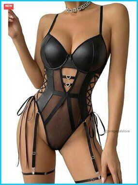 Leather Teddy Lingerie Bodysuit Garter Belt Set with Snap Crotch